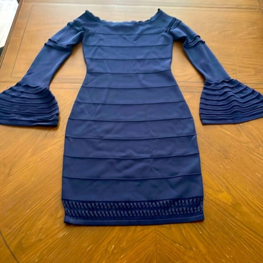 Bebe royal blue long bell sleeve crochet knit boat neck bodycon dress size small